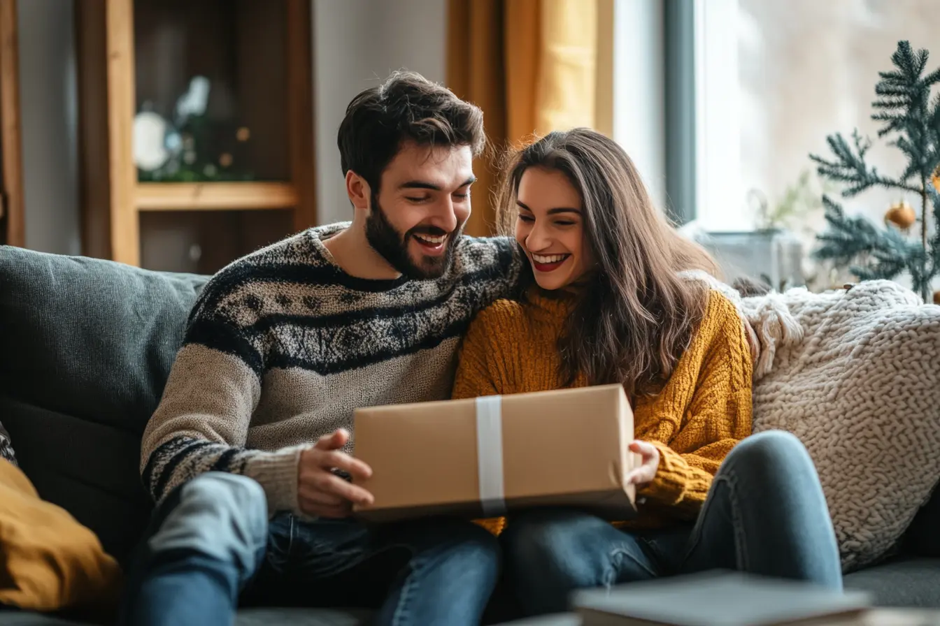 Happy couple reviewing their approved loan on laptop